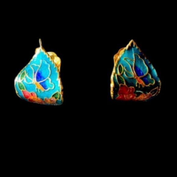 Vintage Jewelry - Vintage Enamel Cloisonné vivid butterfly floral leaf motif clip back earrings